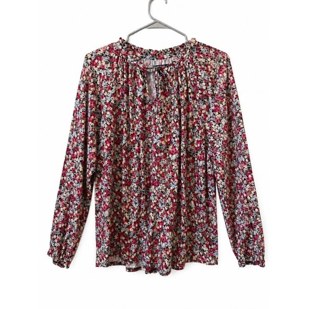 Chaps Womens Floral Peasant Blouse Long Sleeve Tie Neck Top XL